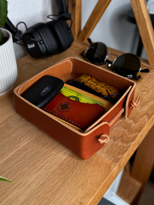 Handmade Brown Leather Valet Tray | Minimalist Leather Catchall Organizer