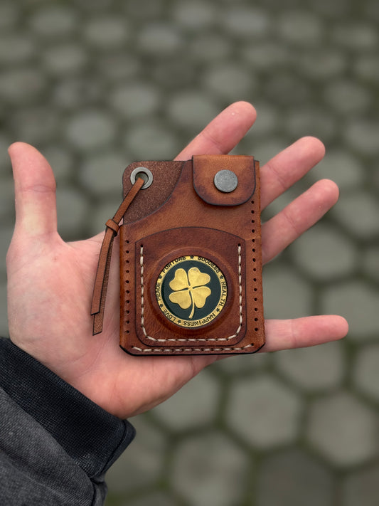 Handmade Leather Cardholder with Brass Lucky Coin| Compact Wallet