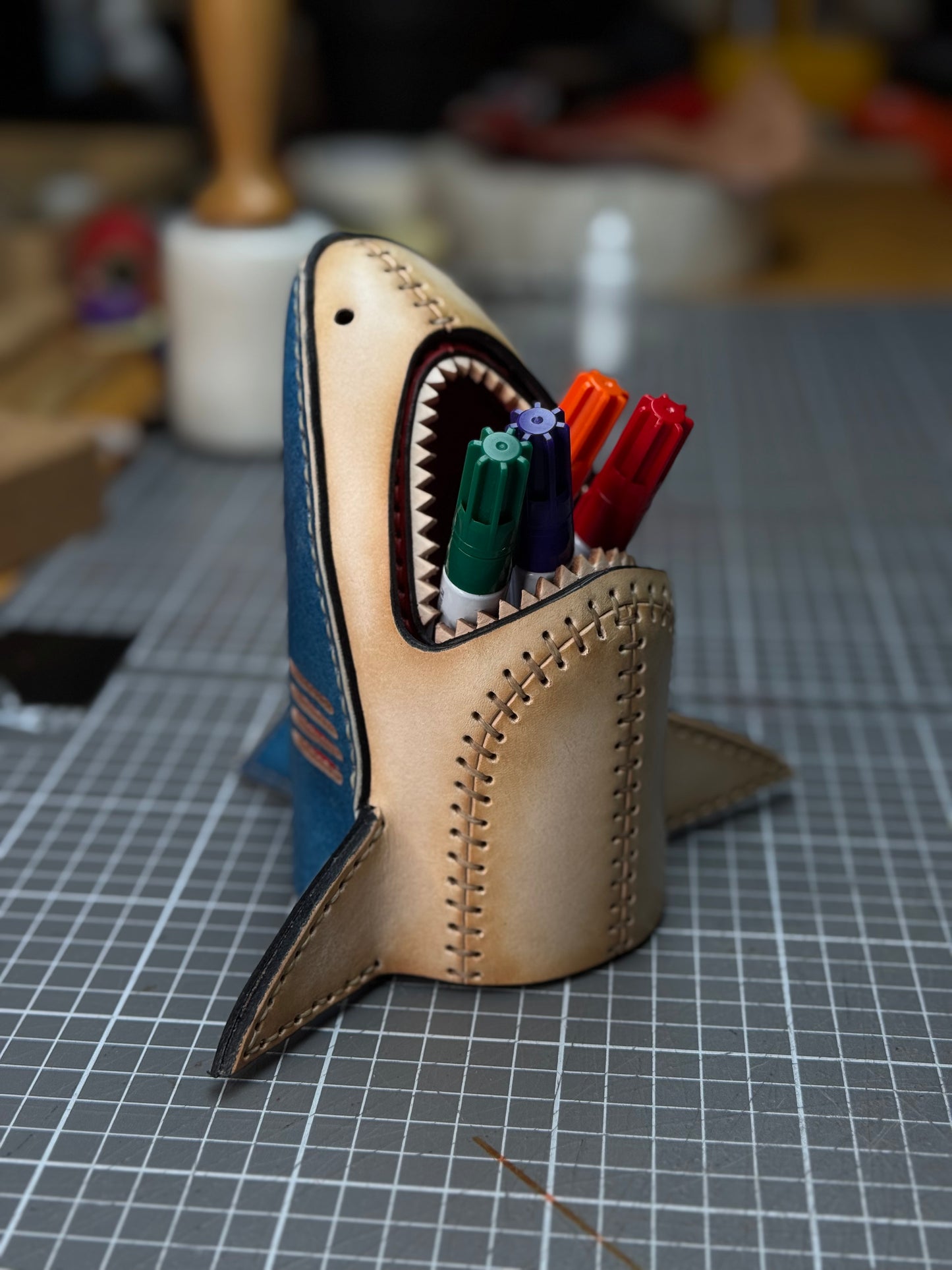 Leather Shark Pen Holder| Modular Desk Organizer