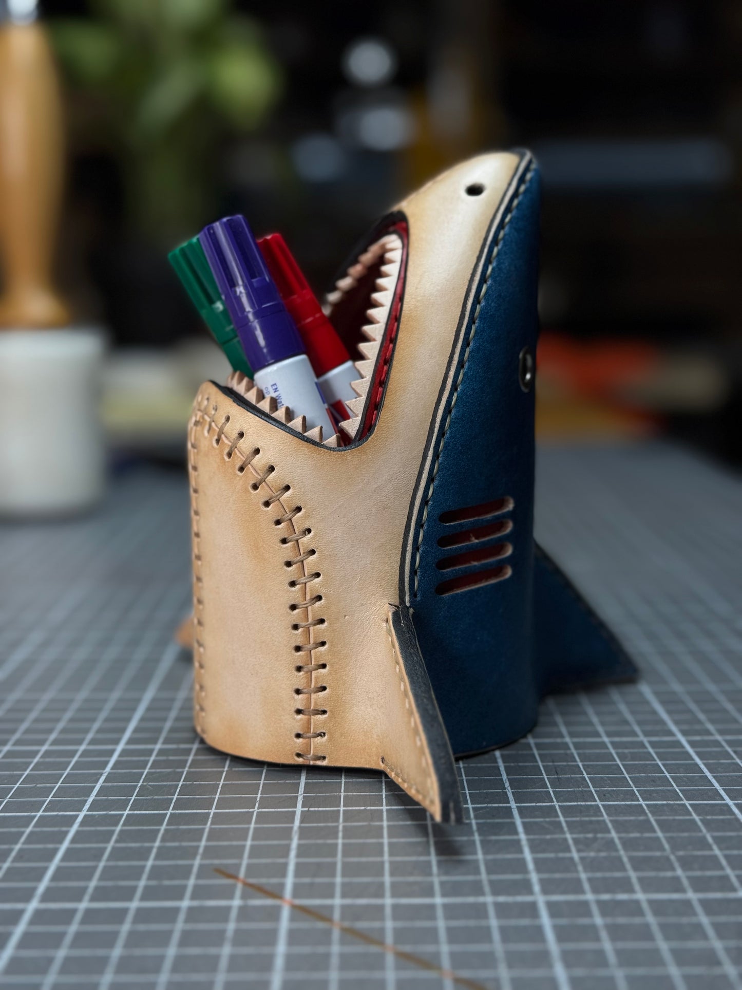 Leather Shark Pen Holder| Modular Desk Organizer