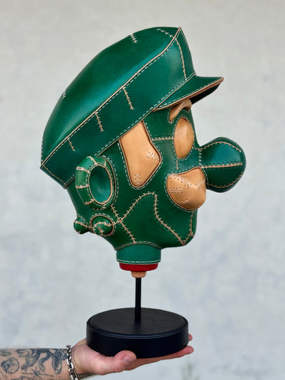 Green Character Head Leather Sculpture on Pedestal | Handmade Leather Art