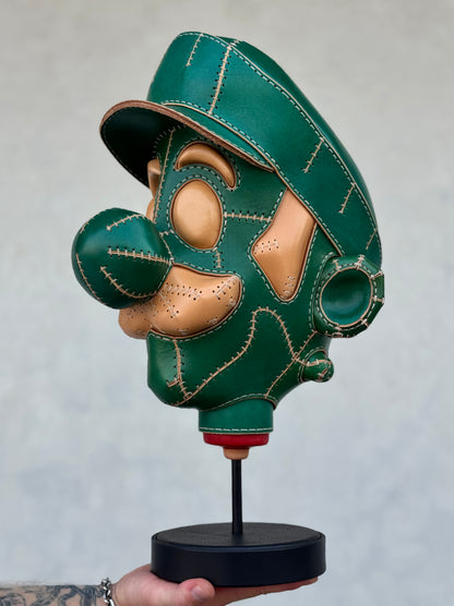 Green Character Head Leather Sculpture on Pedestal | Handmade Leather Art