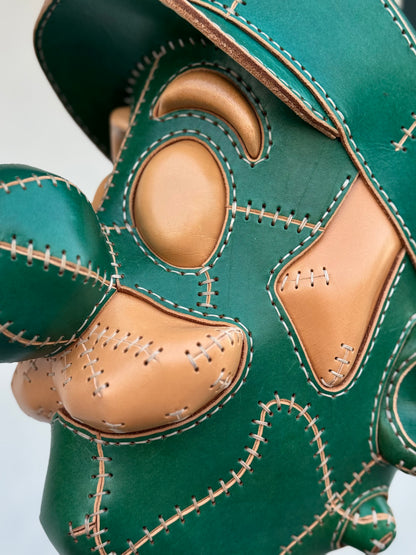 Green Character Head Leather Sculpture on Pedestal | Handmade Leather Art