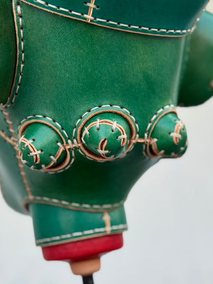 Green Character Head Leather Sculpture on Pedestal | Handmade Leather Art
