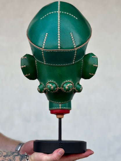 Green Character Head Leather Sculpture on Pedestal | Handmade Leather Art
