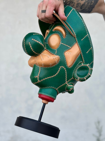 Green Character Head Leather Sculpture on Pedestal | Handmade Leather Art
