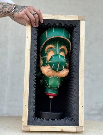 Green Character Head Leather Sculpture on Pedestal | Handmade Leather Art