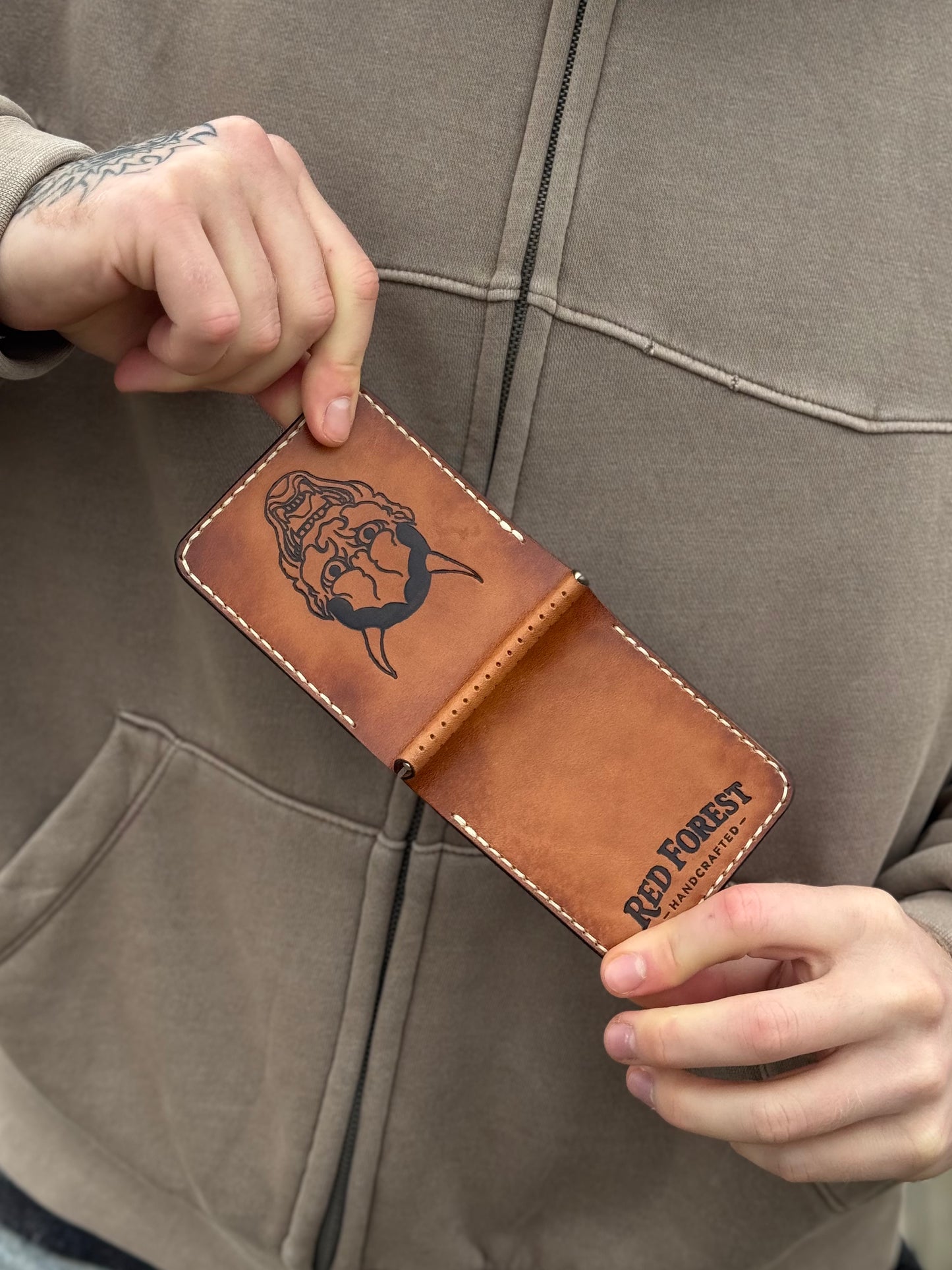 Handmade Brown Leather Money Clip Ony Mask