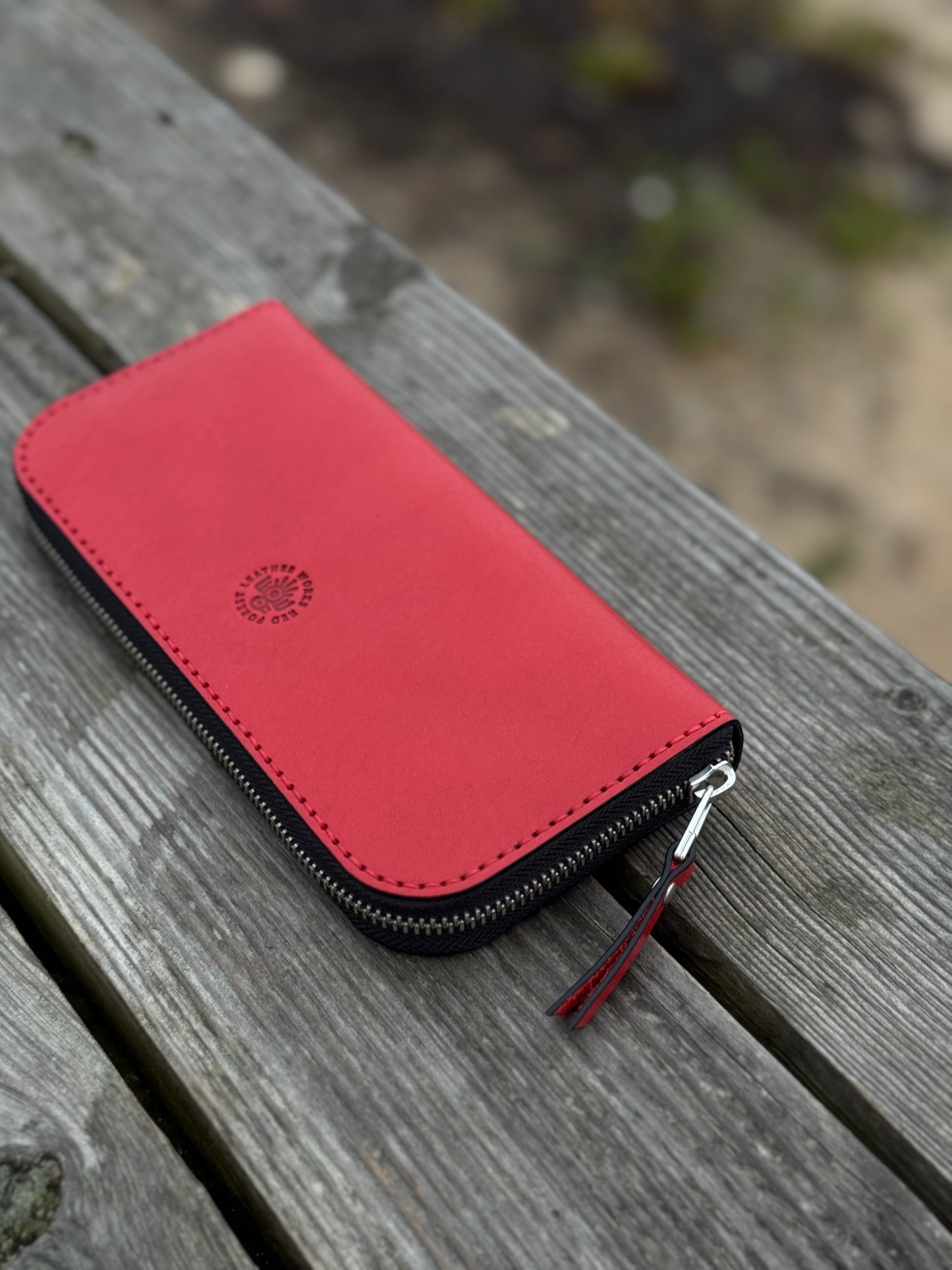 Red Leather Zip Around Wallet | Long Minimalist Design