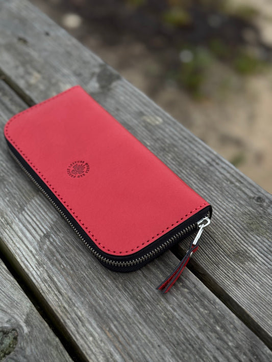 Red Leather Zip Around Wallet | Long Minimalist Design