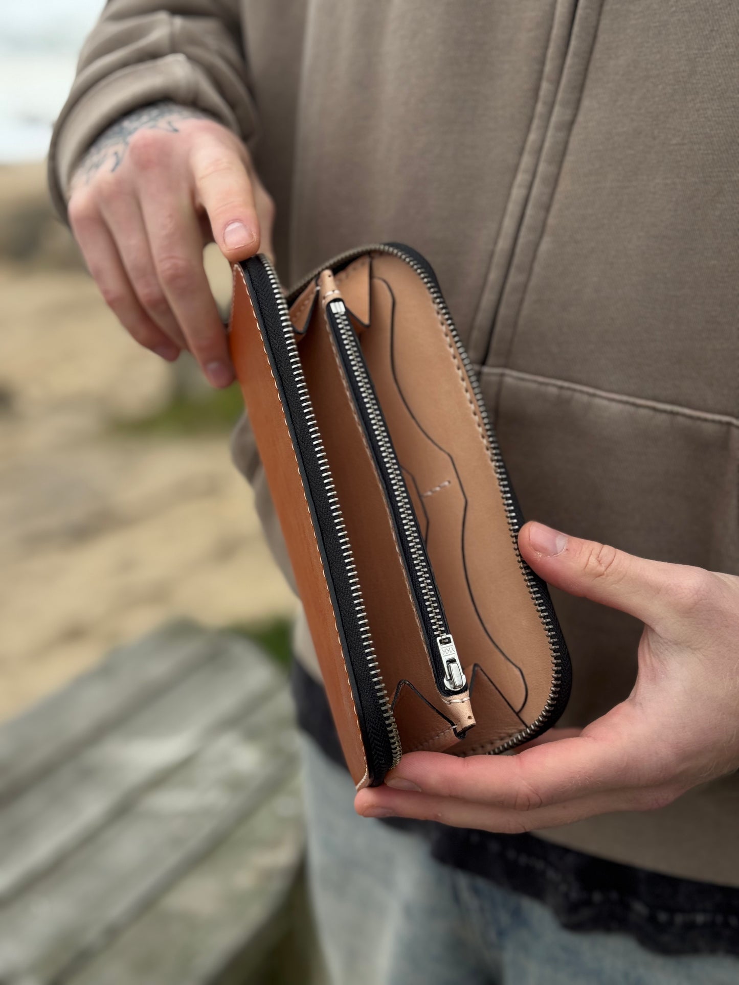 Brown Leather Zip Around Wallet | Long Minimalist Design