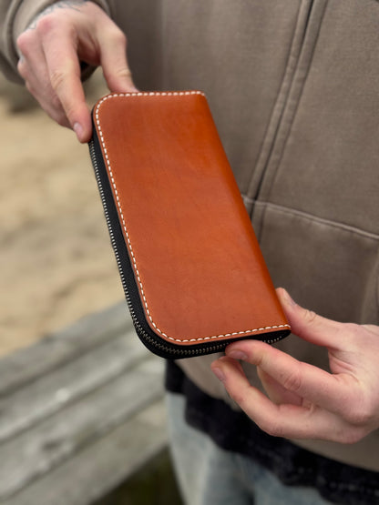 Brown Leather Zip Around Wallet | Long Minimalist Design