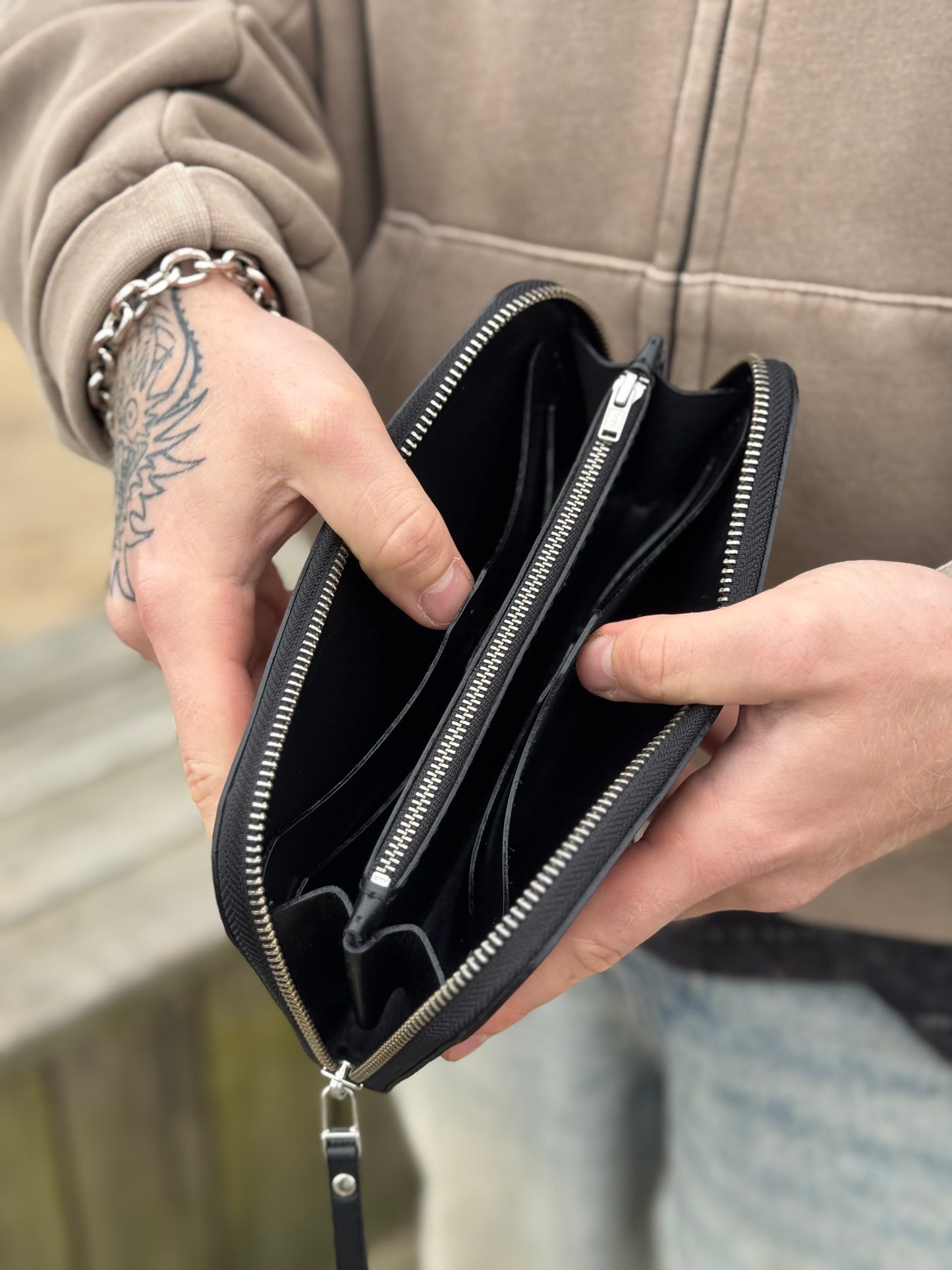 Green Leather Zip Around Wallet | Long Minimalist Design
