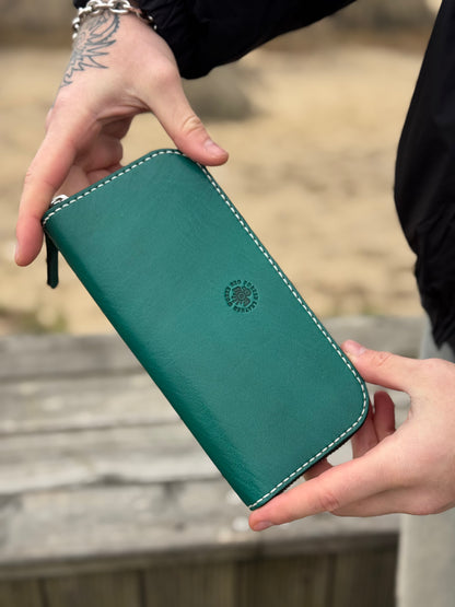 Green Leather Zip Around Wallet | Long Minimalist Design