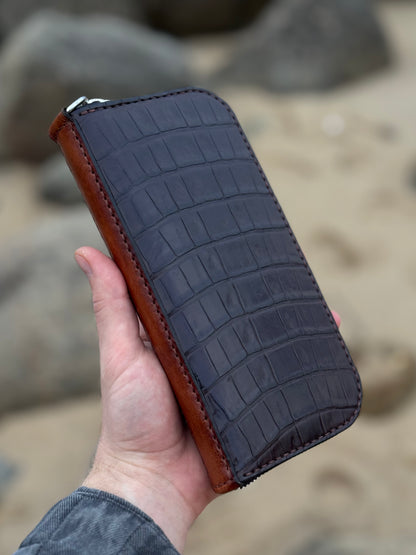 Crocodile Leather Zip Around Wallet with Wrist Strap