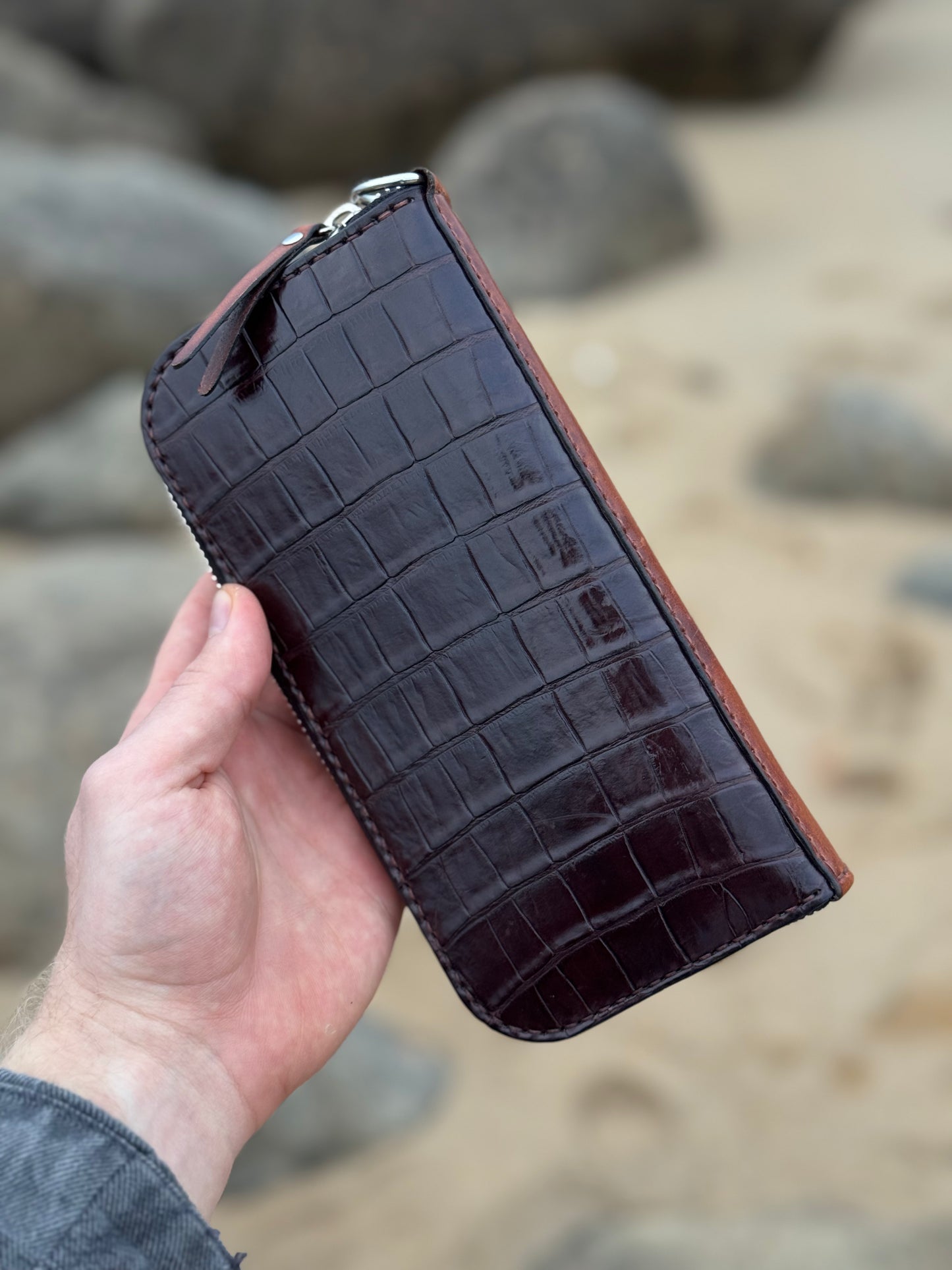 Crocodile Leather Zip Around Wallet with Wrist Strap