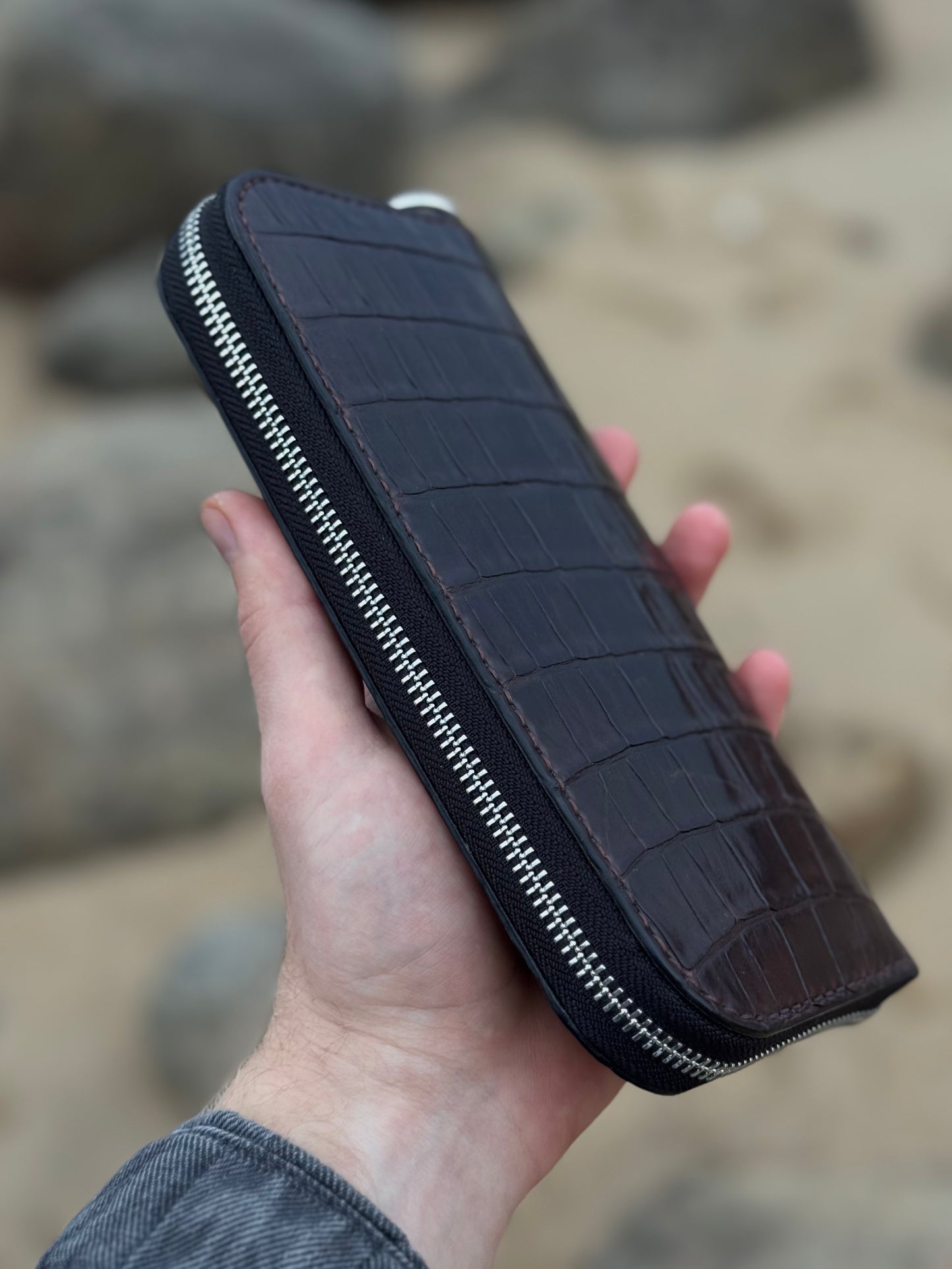Crocodile Leather Zip Around Wallet with Wrist Strap