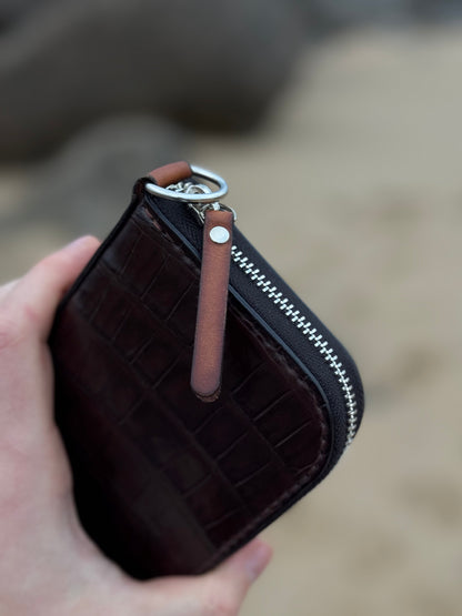 Crocodile Leather Zip Around Wallet with Wrist Strap