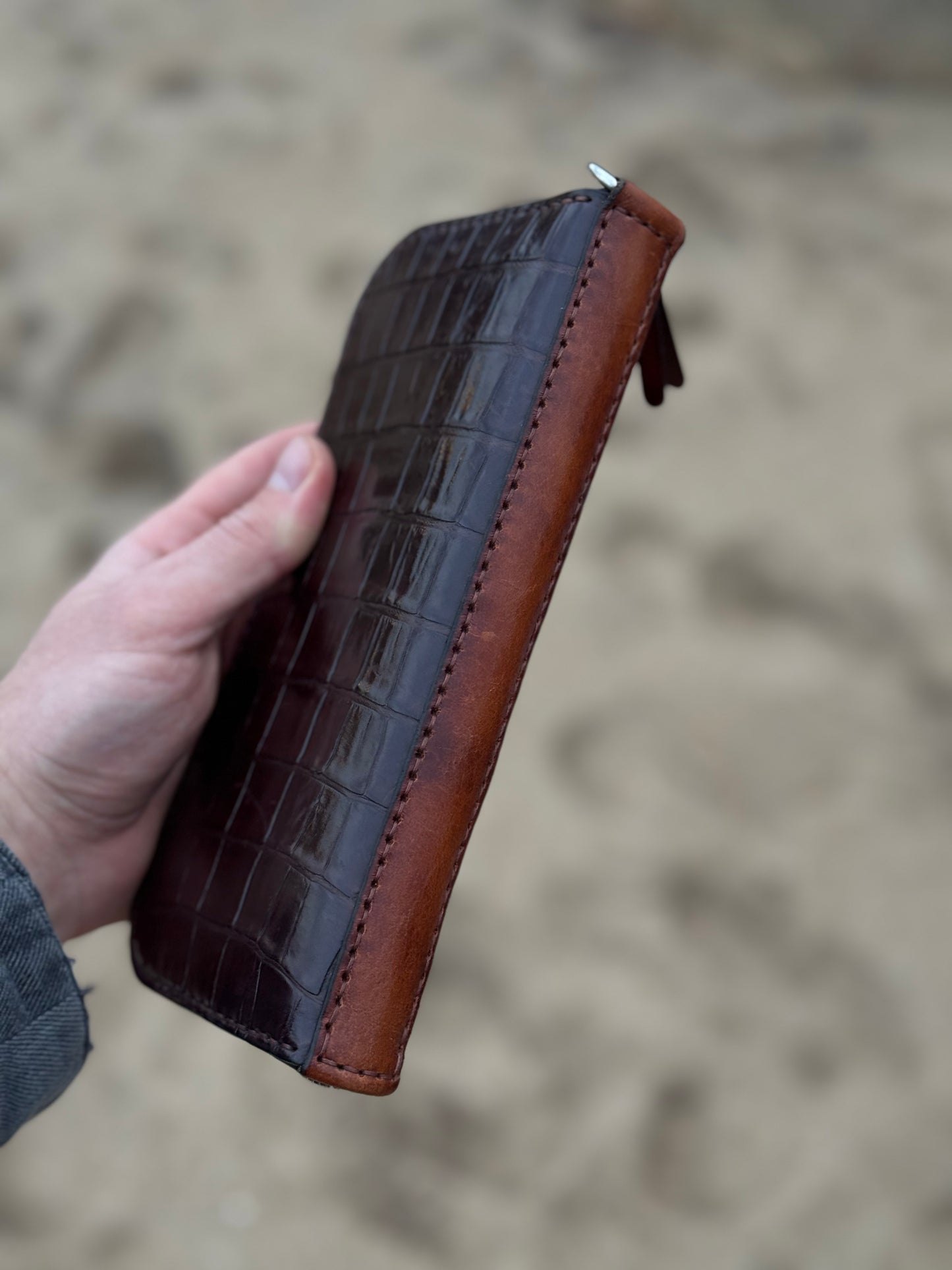 Crocodile Leather Zip Around Wallet with Wrist Strap