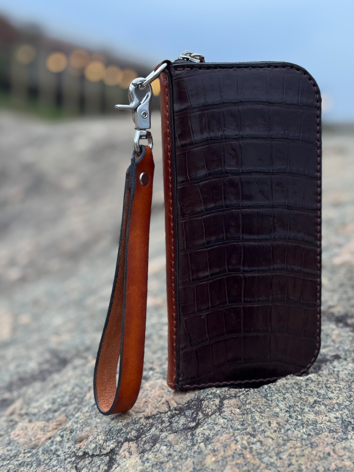 Crocodile Leather Zip Around Wallet with Wrist Strap
