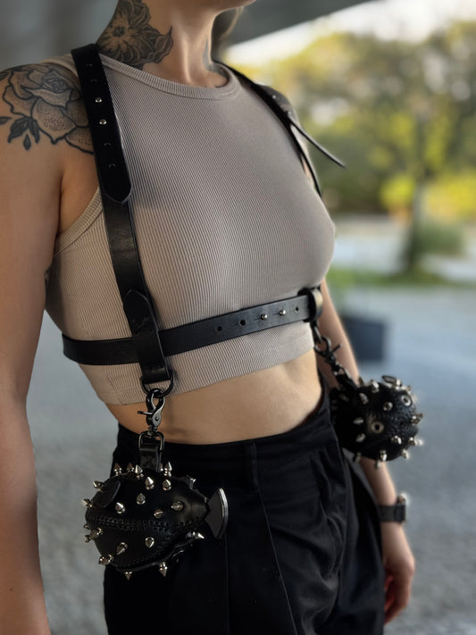 Leather Harness with Two Black Fish Charms