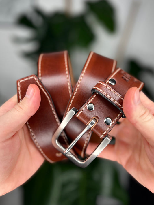 Brown Leather Belt Stitched | Stainless Stell