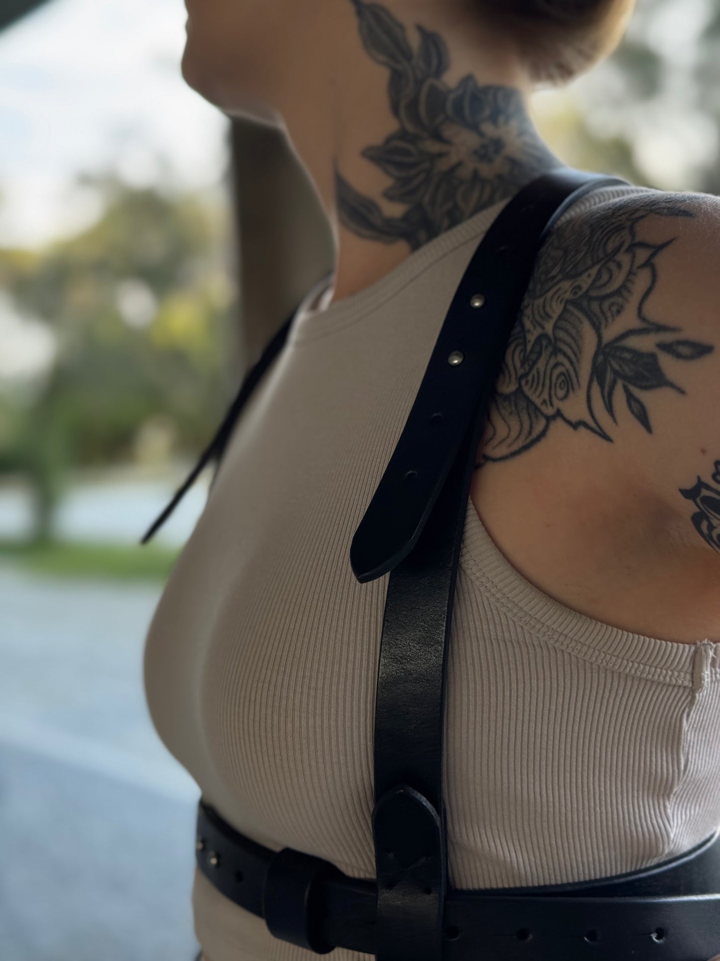 Leather Harness with Two Black Fish Charms