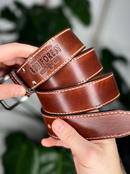 Brown Leather Belt Stitched | Stainless Stell