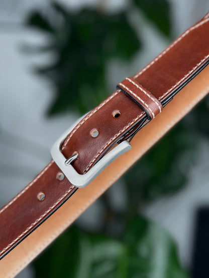 Brown Leather Belt Stitched | Stainless Stell