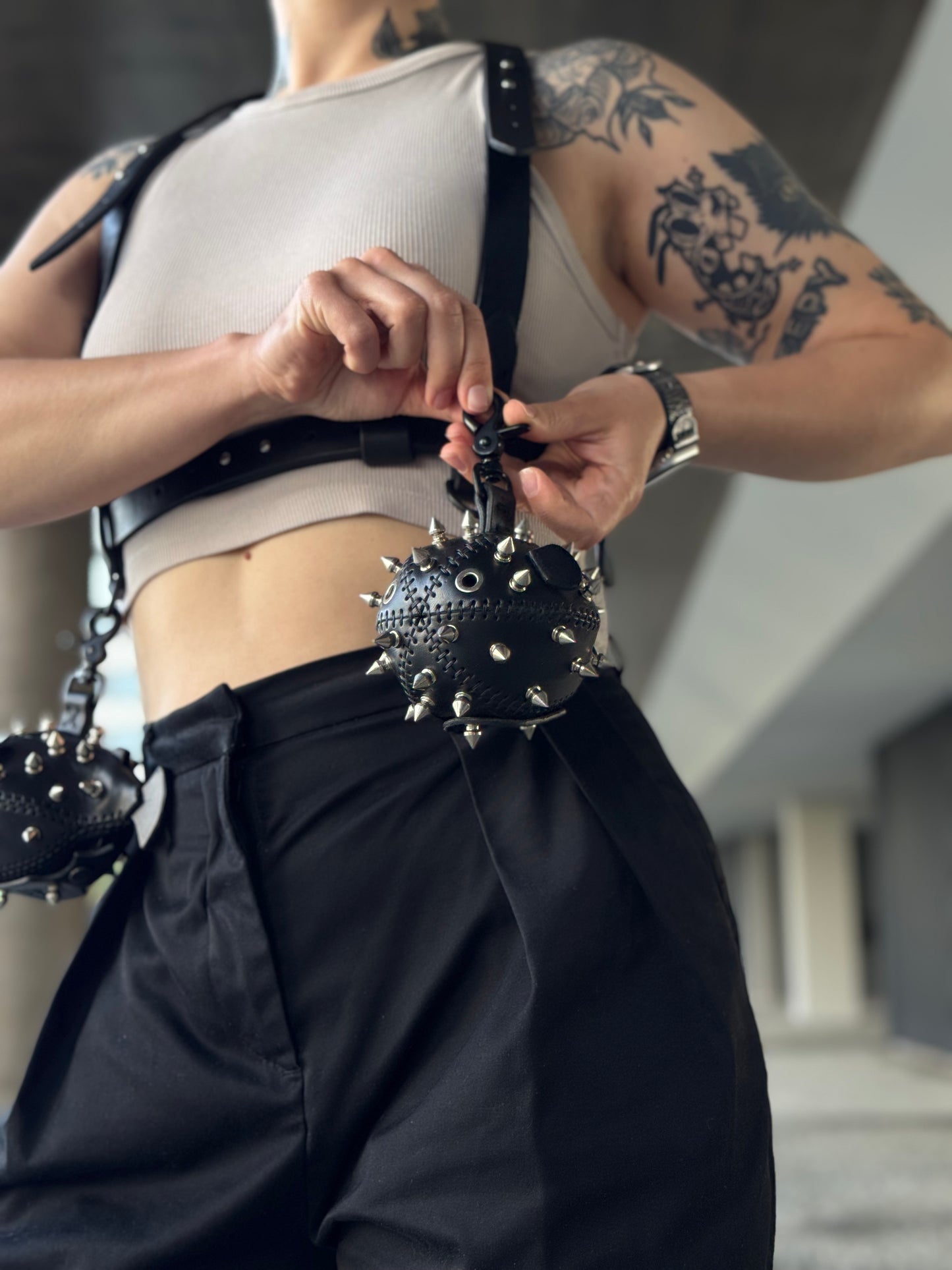Leather Harness with Two Black Fish Charms