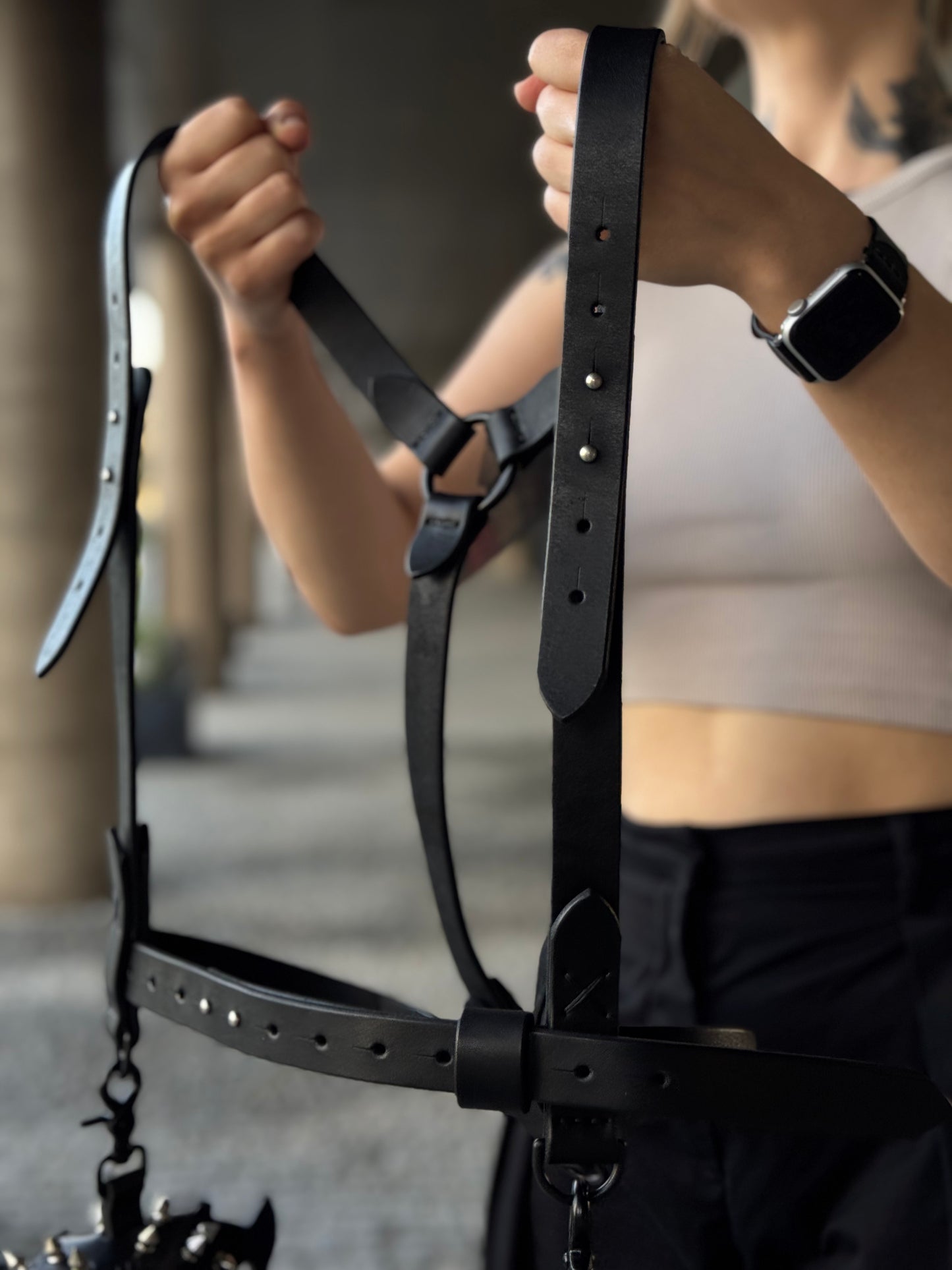 Leather Harness with Two Black Fish Charms