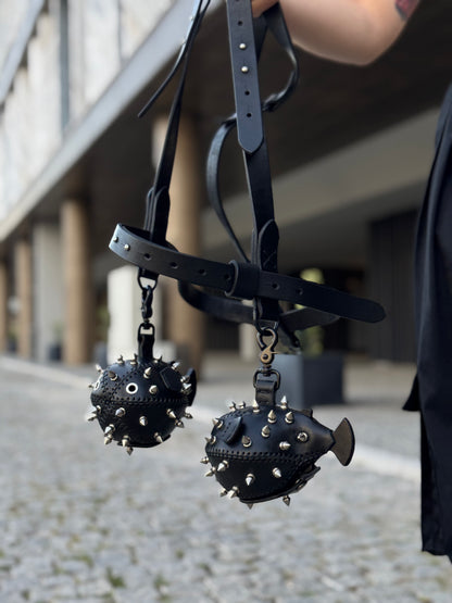 Leather Harness with Two Black Fish Charms